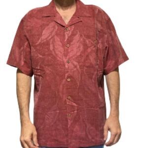 ISLAND SHORES 100% SILK Washable Hawaiian Button Down Red Burgundy Mens XL